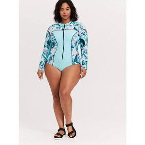 Torrid 2X Rashguard One Piece Swimsuit NWT Mint Palm Long Sleeve Wireless Zipper